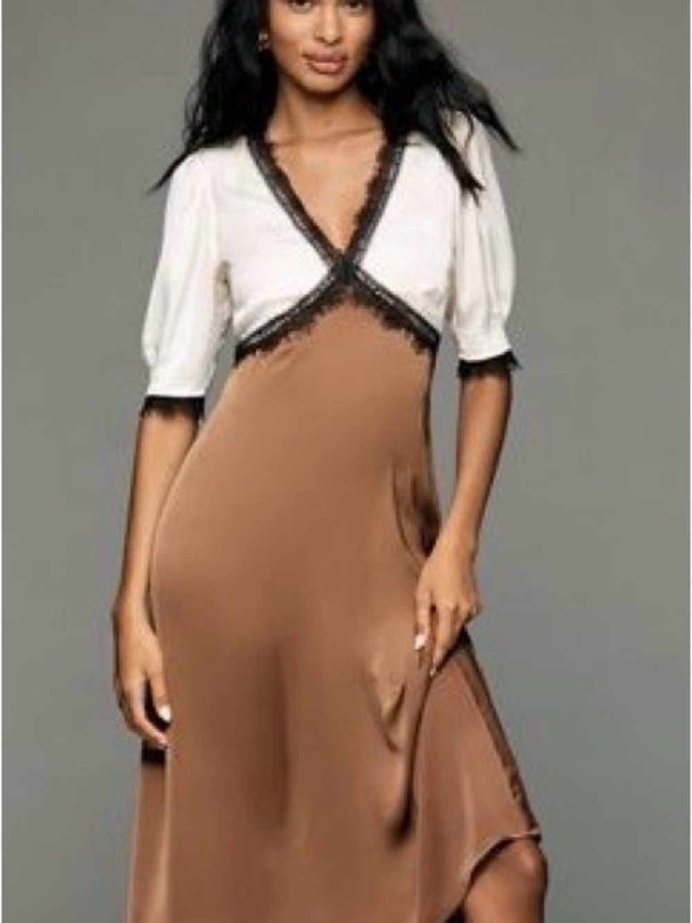 Anthropologie V-Neck lace trim Midi Dress in Brown & White with Black Lace